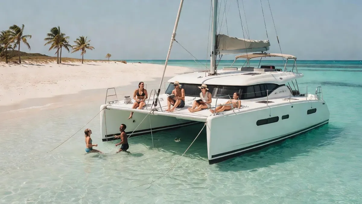 White catamaran anchored off a white-sand Anguilla beach on a full-day Sint Maarten boat tour day-sail