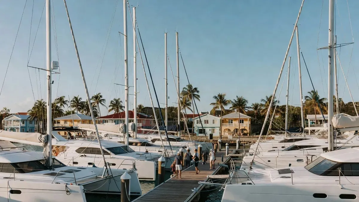 Sailing catamarans moored at the Simpson Bay marina where Sint Maarten boat tours depart in Sint Maarten