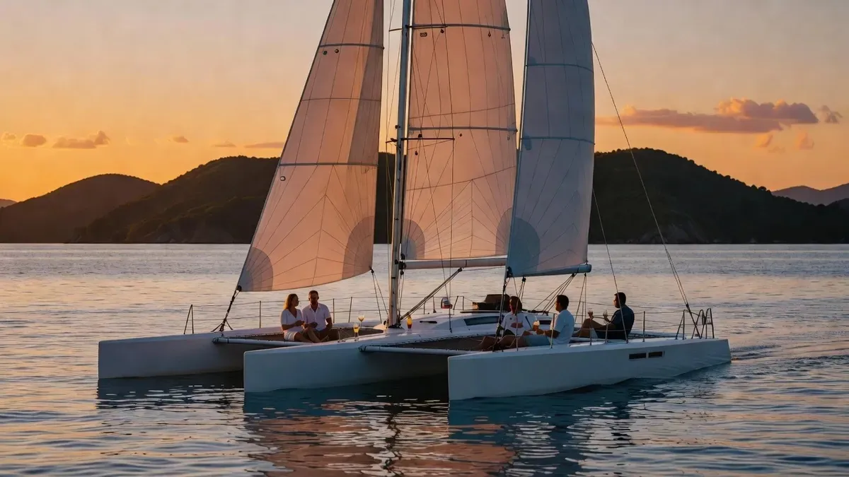 Sailing trimaran at golden hour with sunset light on the sails on an evening Sint Maarten boat tour off Simpson Bay